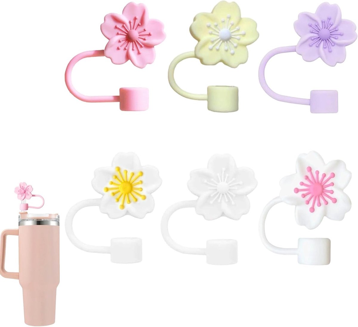Herbruikbare Silicone Rietjes Covers - 6 Stuks - Stofdichte Deksel voor 10mm Rietjes - Accessoires voor 30/40 Ounce Bekers - Lekvrij, BPA-vrij - Sakura Ontwerp en Duurzaam Gebruik