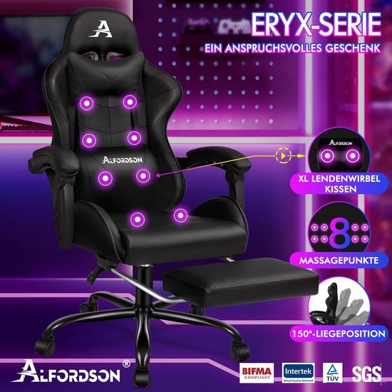 Gaming stoel - Bureaustoel met massage - Comfortabel werken - Verstelbare rugleuning - 180 kg draagvermogen - Zwart — afbeelding 5