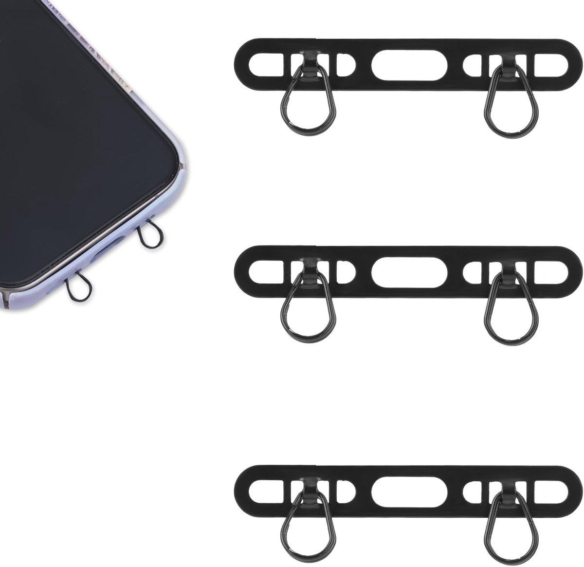 Store_7 - Telefoonkoord - 3-delige set - Roestvrij staal - Zwart - Geschikt voor iPhone - Stevige bevestiging - Handig voor onderweg