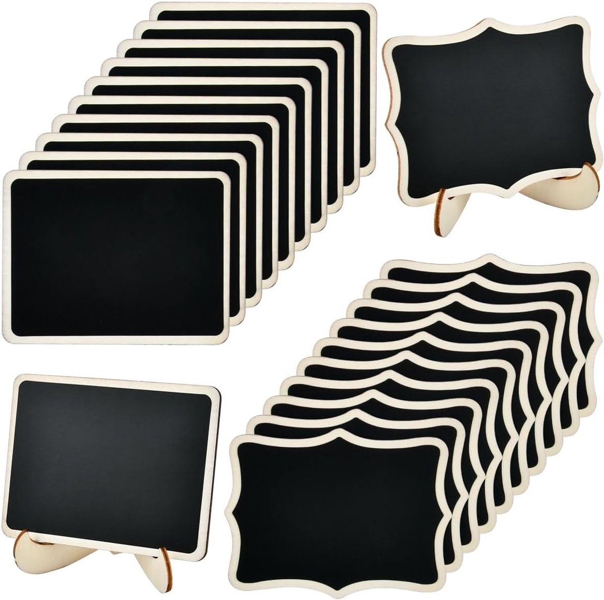 Kleine krijtborden met standaard - Herbruikbare krijtmarkers voor houten naambordjes, prijslabels en buffetborden - Set van 20 stuks