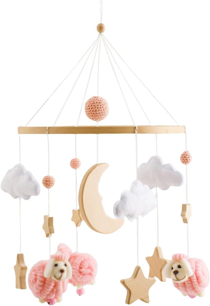 Babymobiel Muziek - Ledikant Decoratie - Babykamer Aankleden - Huidvriendelijk Hout - 43x22.5 cm - Roze
