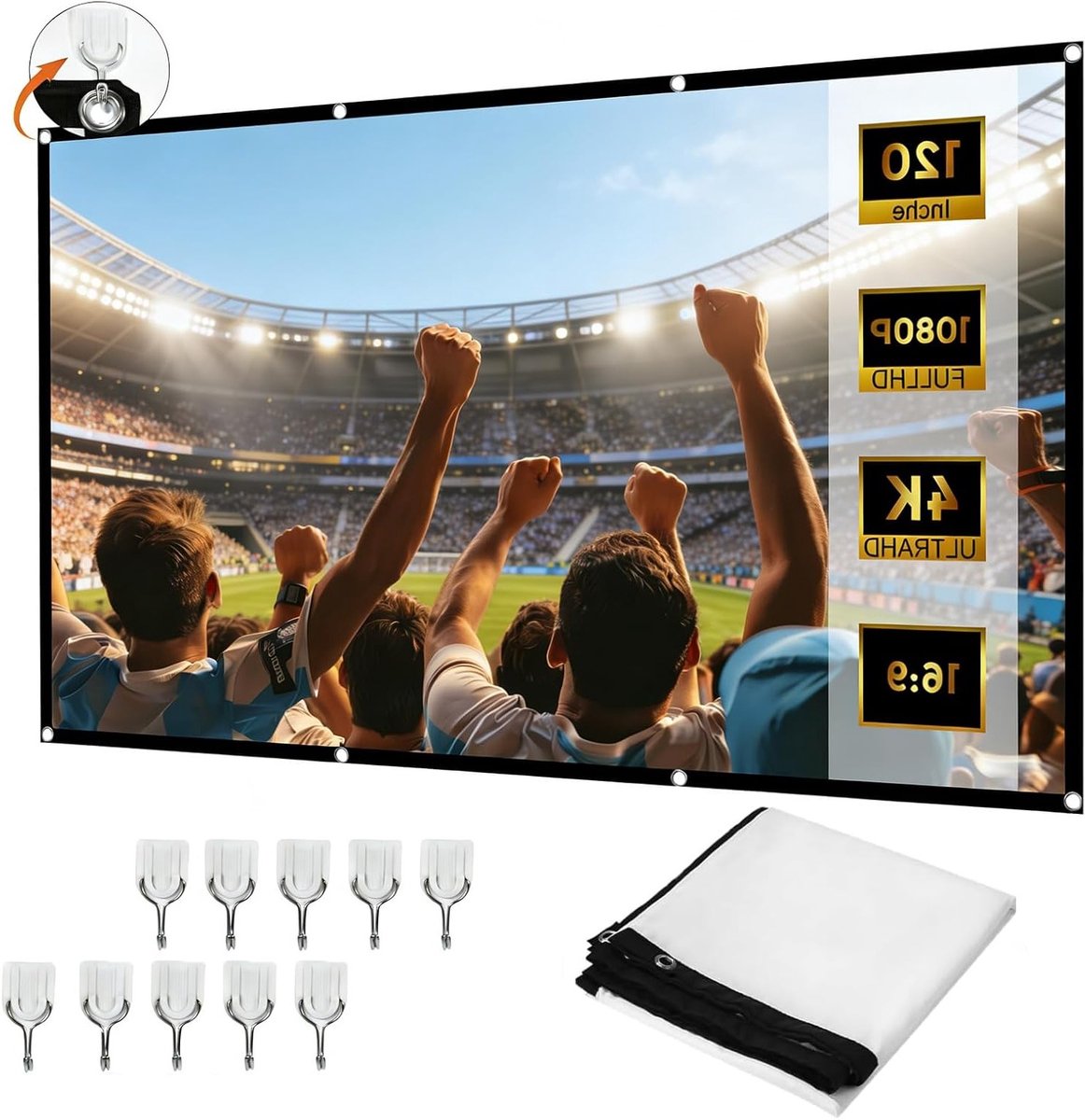 Vouwbaar Projectiescherm van 300 cm voor Buiten en Thuisgebruik, 16:9 HD, Kreukvrij en Gemakkelijk te Transporteren, Ideaal voor Camping en Home Cinema