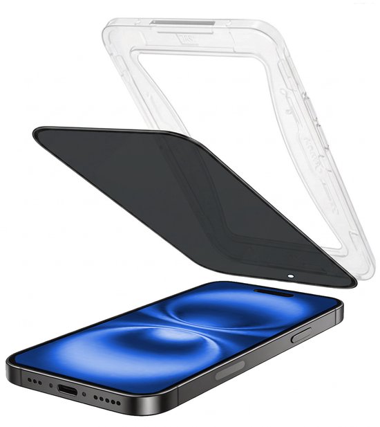 Explosie-aanzicht van privacy screenprotector, installatieframe en iPhone.