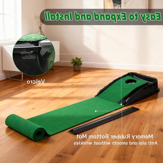 Indoor Putting Green Oefenmat van 220 cm met Automatische Bal Terugkeer - Ideaal voor Thuis en Kantoor, Perfect voor Golftraining en Verbetering van Puttingvaardigheden — afbeelding 2