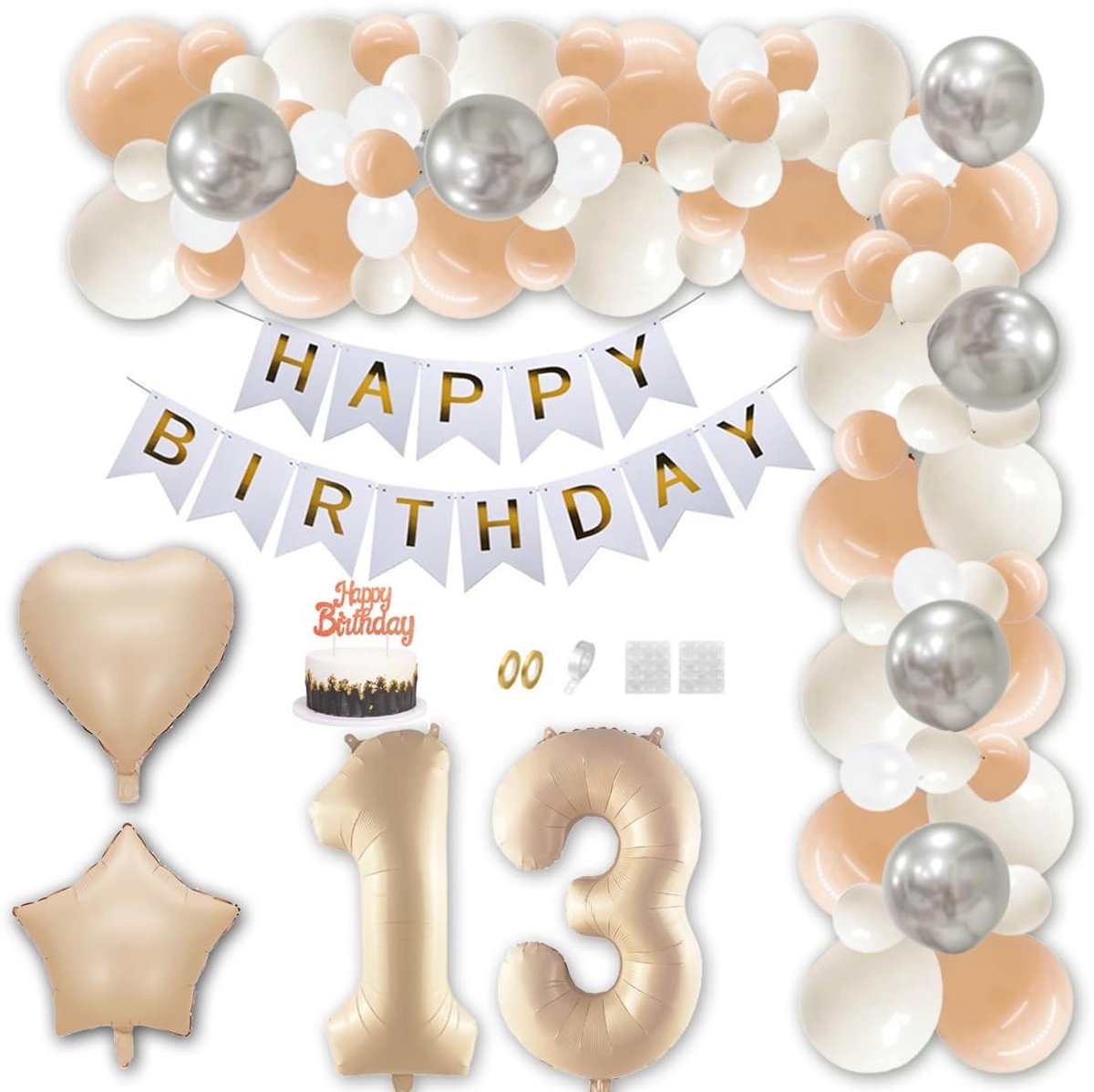 Dailygoody - 13e verjaardagsfeestdecoraties - Happy Birthday-banner - Feestelijk en kleurrijk - Karamel en goud - Ballonnen en decoratie - Geschikt vo