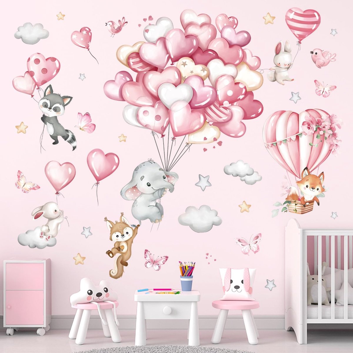 Dailygoody - Muursticker - Bosdieren - Wanddecoratie - Roze - Kinderen - Schattige dieren met ballonnen - Geschikt voor babykamer en kinderkamer
