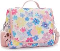 Witte lunchtas met een veelkleurige bloemenprint, roze randen en hengsel.