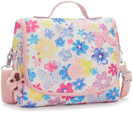 Witte lunchtas met een veelkleurige bloemenprint, roze randen en hengsel.
