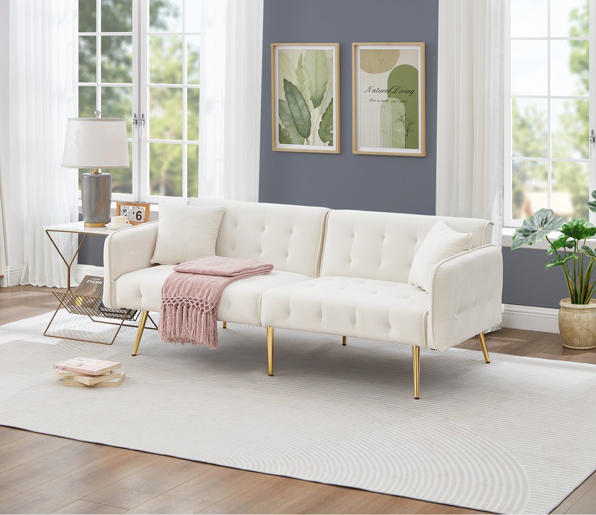 Slaapbank 2 Persoons - Verstelbare rugleuning - Gouden poten - Zetelbed - Vouwbed - 178x82x70 cm - Flueel - comfortabel - Wit