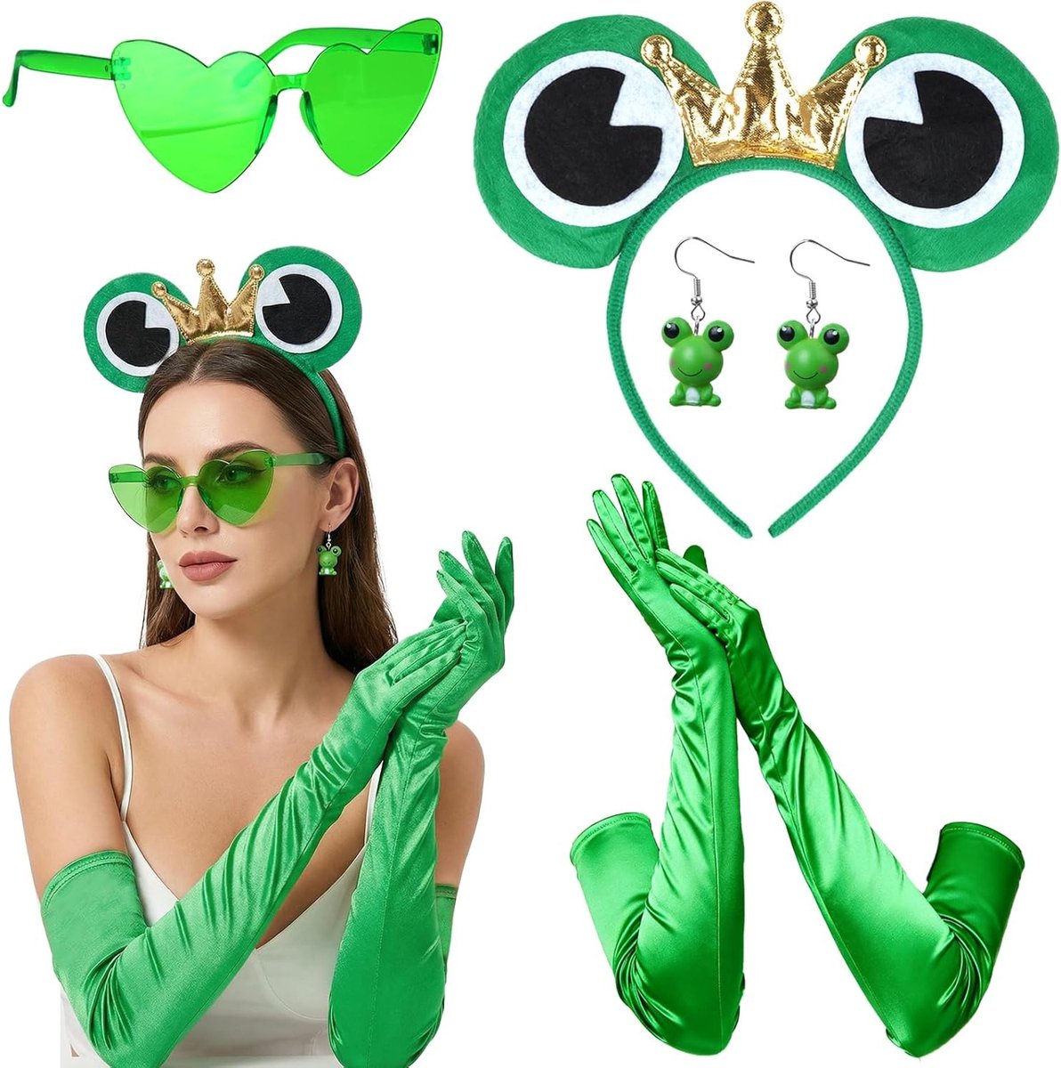 Volledig Kikker Kostuum voor Volwassenen met Kroon, Oorbellen, Zonnebril en Accessoires voor Carnaval en Feestjes