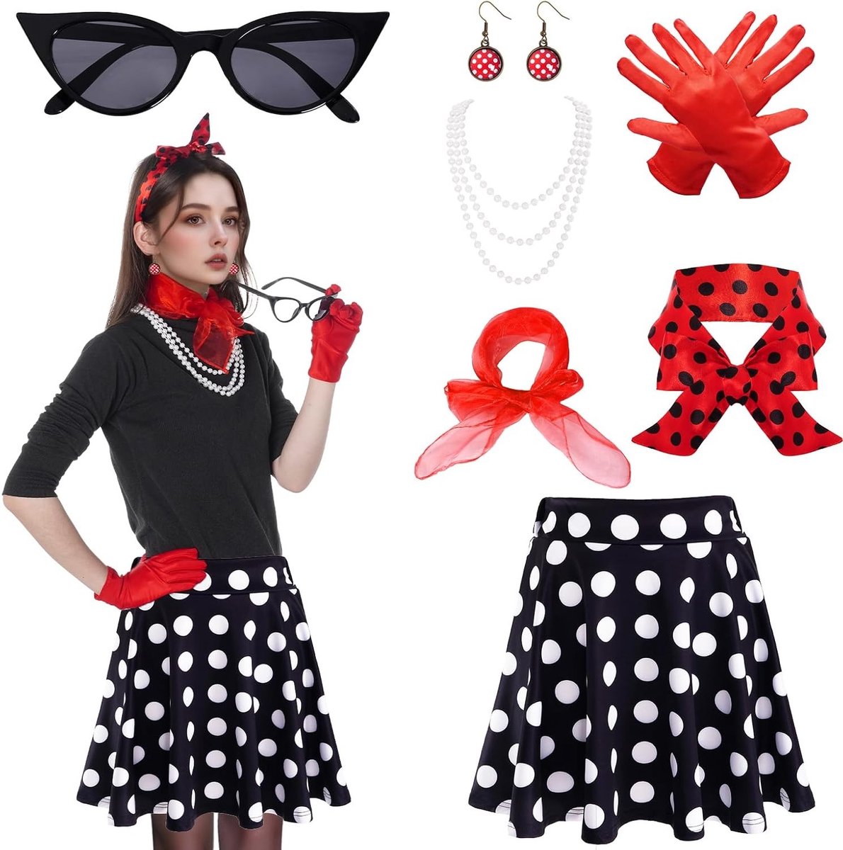 Retro 50s Kostuumset voor Vrouwen met Hoge Taille Mini Rok, Polka Dot Hoofdband, Cat Eye Bril en Rode Chiffon Sjaal voor Feestjes en Thema-Events