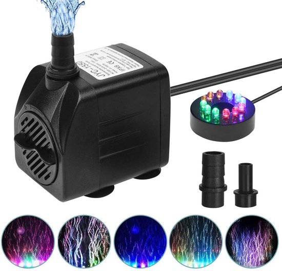 Zwarte waterpomp met LED-verlichting, inclusief accessoires en voorbeelden van waterstralen in verschillende kleuren.