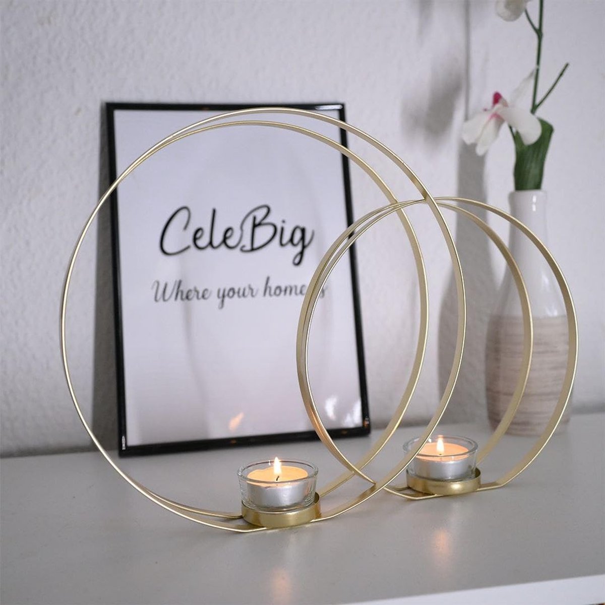 Dailygoody - Kandelaar Set van 2 - Theelichthouder en Windlicht - Elegante Afwerking - Rond Goud - Tijdloos Cadeau - Perfect voor elke gelegenheid - L...
