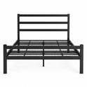 Zwart metalen bedframe met een rechte, horizontale hoofdsteun en een lattenbodem.