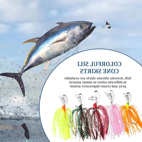 Vissen met Spinnerbaits Set van 5 Stuks - Chatterbait Aantrekkers met 3D Ogen, Siliconen Rok en Scherpe Haak - Perfect voor Snoek, Forel, Meer en Rivier Vissen van VISSEN — afbeelding 2