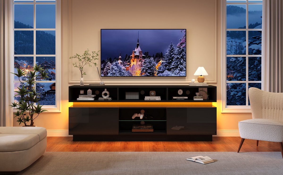 REDOM TV-Meubel - 10 Opbergvakken - Ledverlichting - Minimalistisch - Voor Woonkamer - MDF En Glas - Zwart - 160 X 35 X 60 Cm