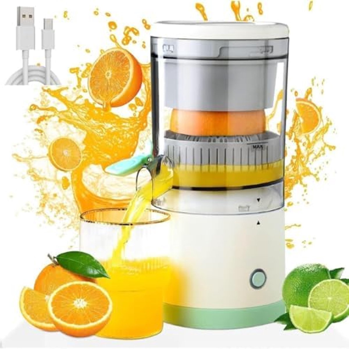 Elektrische mini-sapcentrifuge, USB-oplaadbaar, draagbare sapcentrifuge voor citrus en appel, veilige automatische pers voor restaurant en thuisgebruik
