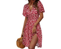 Zomerse V-hals Jurk voor Vrouwen, Korte Mouwen of Mouwloos, A-lijn Midi met Bloemenprint, Boho Strandjurk voor Feestjes en Bruiloften, Elegante Casual Jurk
