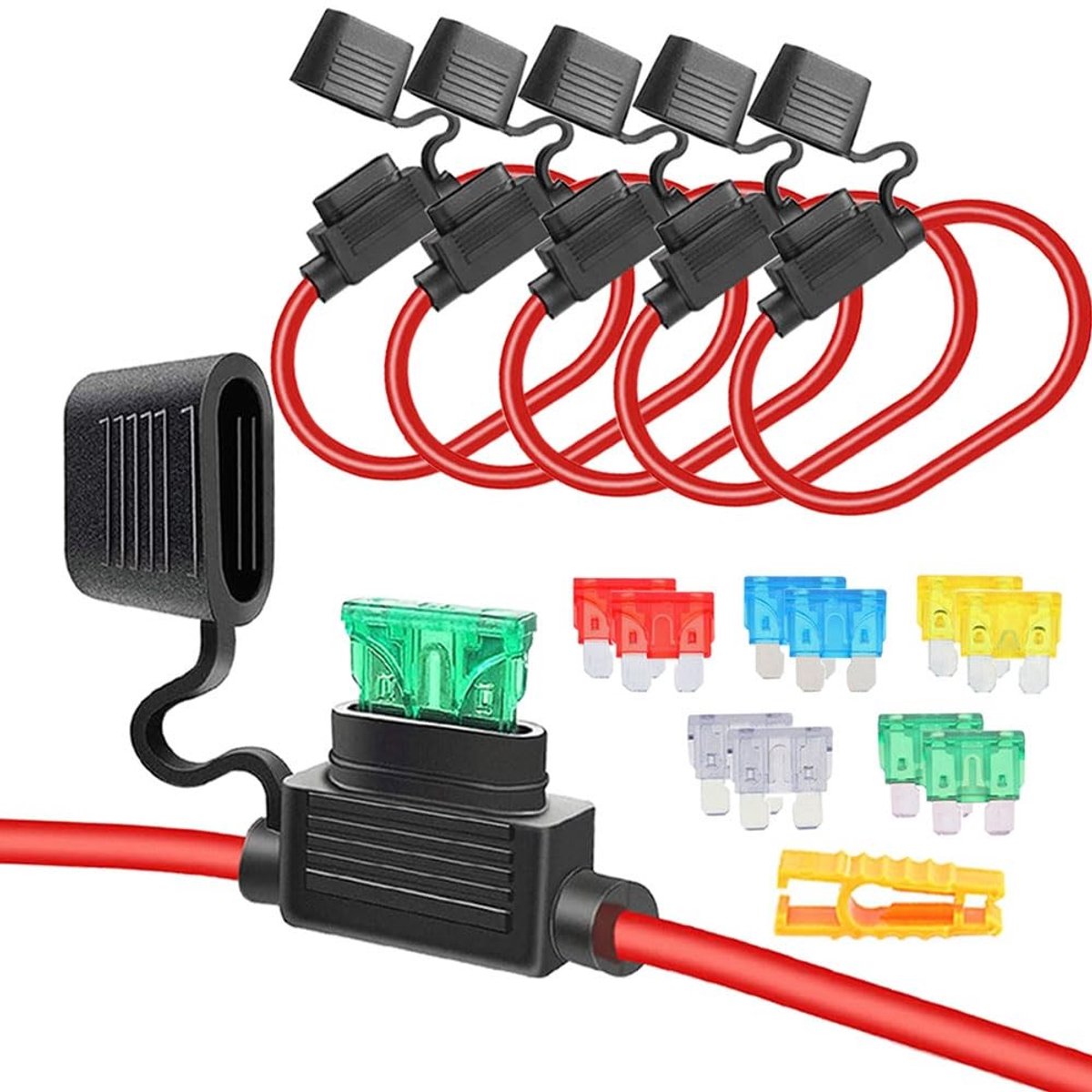 Store_9 - 5 Stuks 32V Medium Inline Zekeringhouder - Waterdicht - Zwart - Inclusief Bladzekeringen - Veilig voor Auto's - Perfect voor Auto-onderhoud