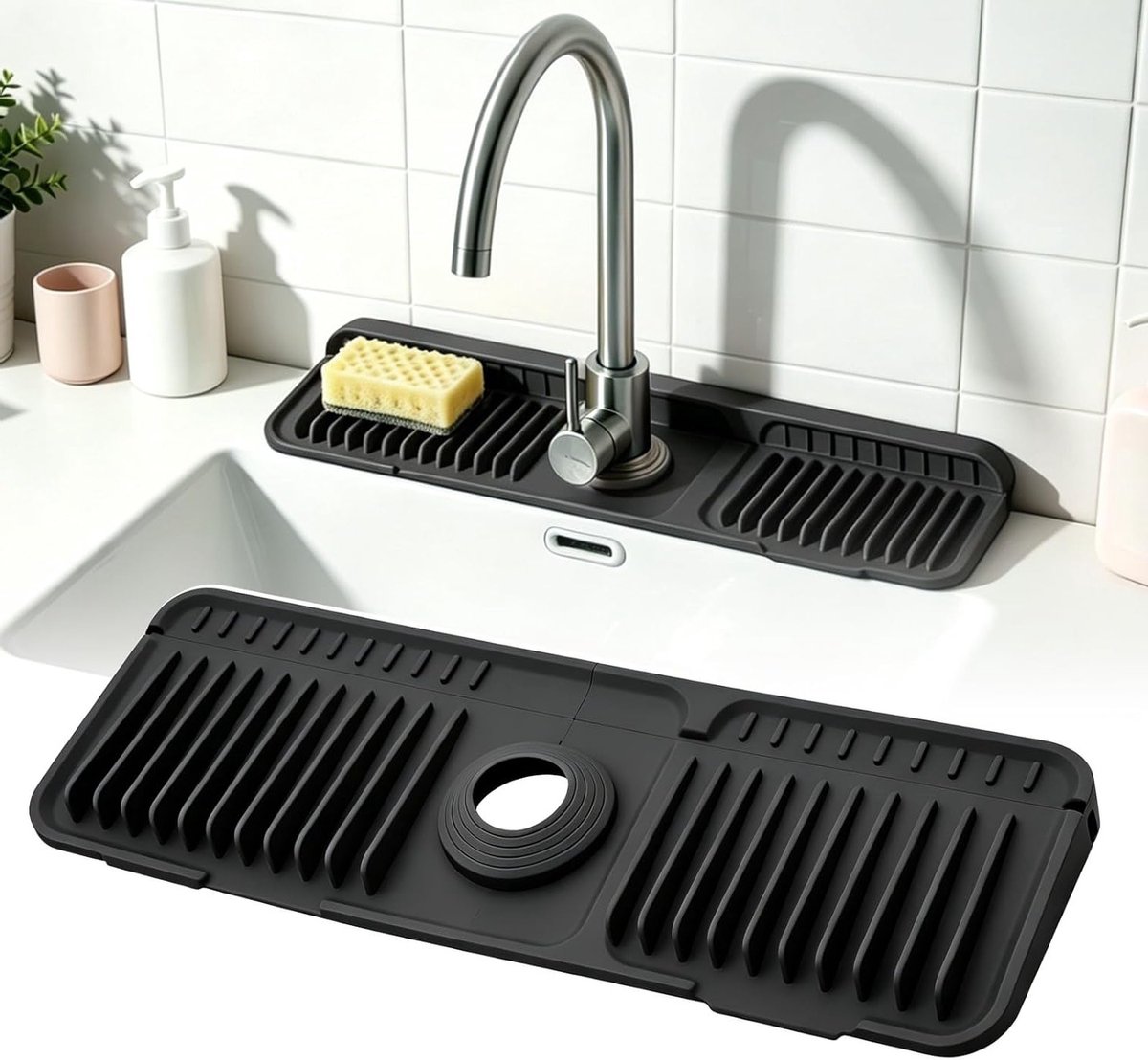 Afdruipmat voor waterkraan van siliconen, opvouwbaar en snijbaar, antislip design voor keuken en badkamer met snelafvoer en Splash Guard