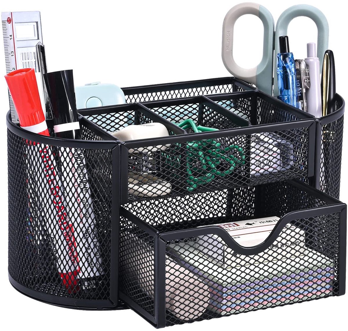 Dailygoody - Bureauorganizer - Metalen bureau-organizer - Ruimtebesparend - Zwart - Pennenhouder - Perfect voor kantoor - 7 compartimenten