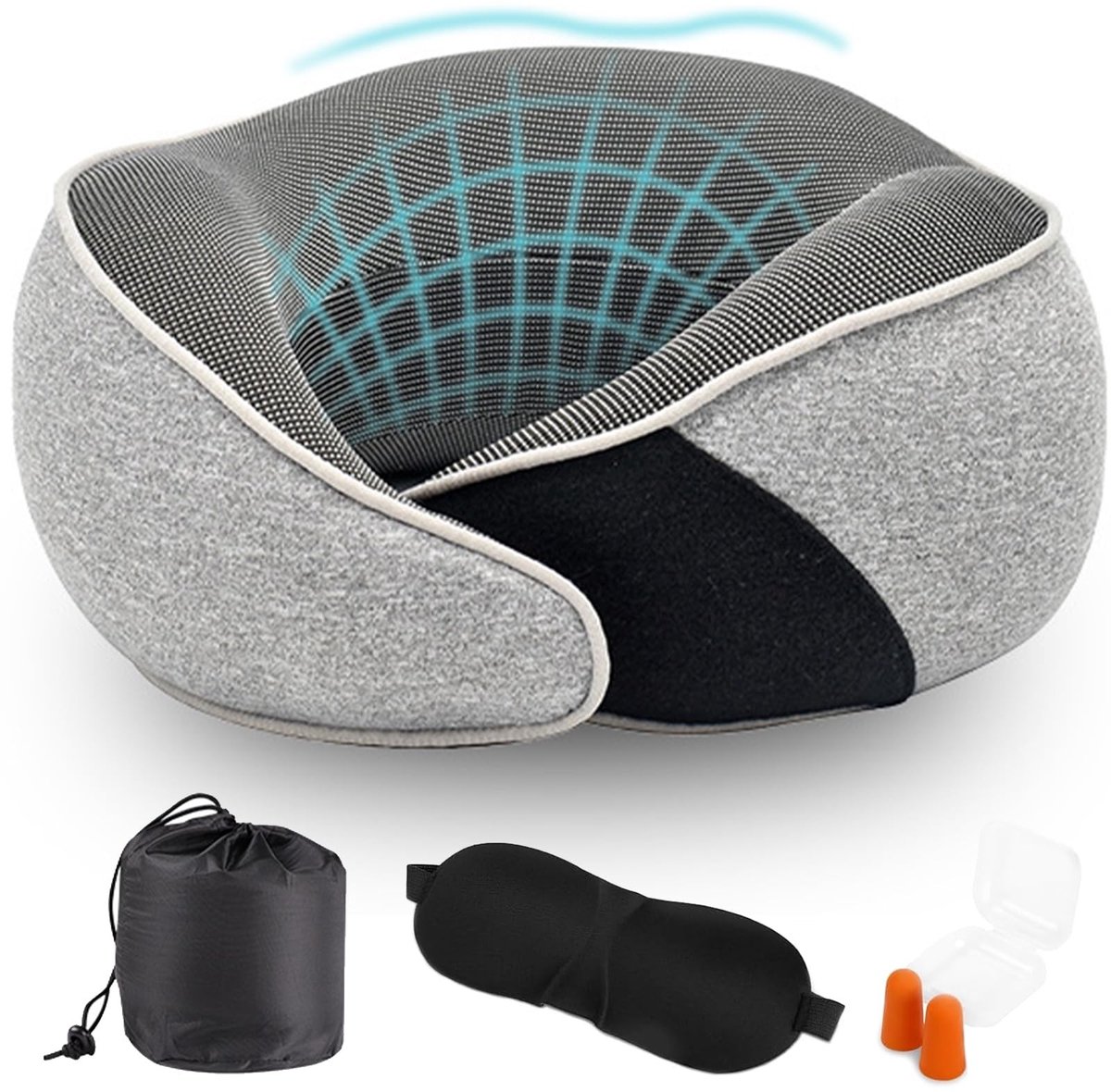 Dailygoody - Nekkussen - Reiskussen - Comfortabel met oogmasker en oordopjes - Lichtgrijs - Traagschuim - Ondersteuning voor reizen - Geschikt voor vo