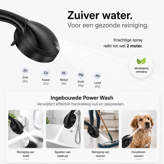 Zwarte douchekop met filter en demonstratie van power wash voor toilet, bad, vloer en hond.