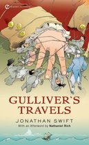 De cover van Gulliver's Travels toont kleine mannen die touwen trekken aan de reusachtige hand van Gulliver, met de titel in rode letters.