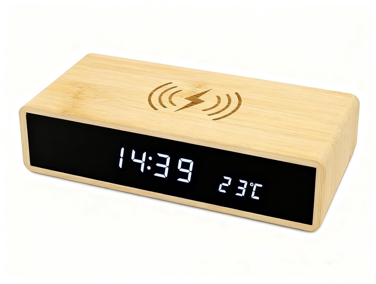 Dailygoody - Houten Digitale Wekker - Draadloos Laadstation - Multifunctionele Bamboe LED-klok - Wit - Snel Opladen - Geschikt voor Huiskamer - Bamboe.
