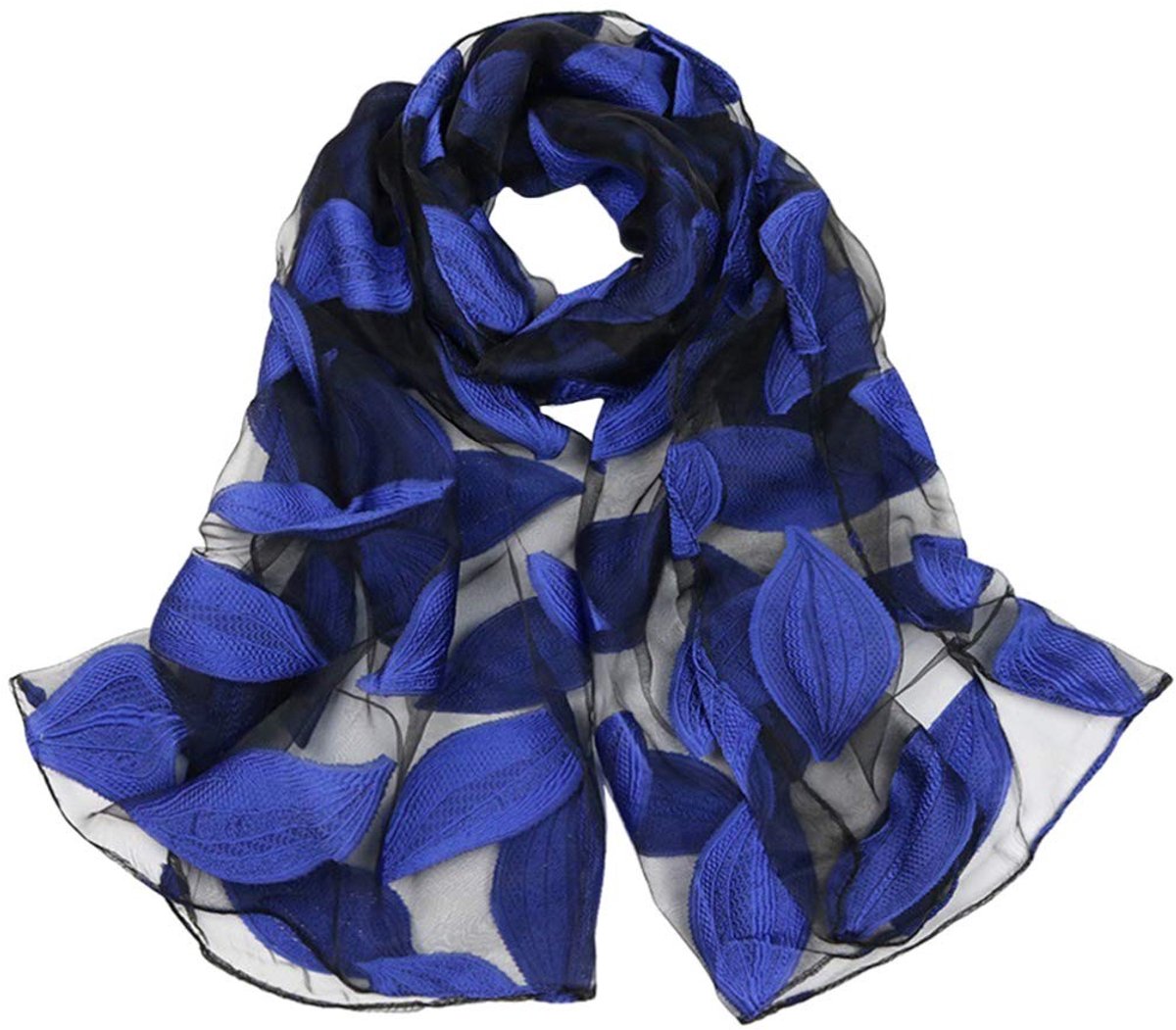 Dailygoody - Organza sjaal - Lange sjaal - Zomeraccessoires - Blauw - Wrap sjaal - Bladeren patroon - Geschikt voor vrouwen - 180 x 70 cm