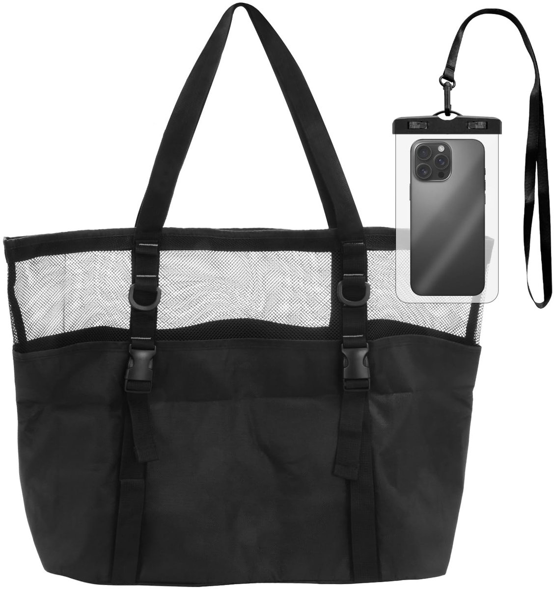 NTHProducts - Strandtas - Waterdichte Telefoonhouder - Stevige Zwarte Tote Bag - Perfect voor Zwemmen - Ruim en Lichtgewicht - Ideaal voor Vakantie