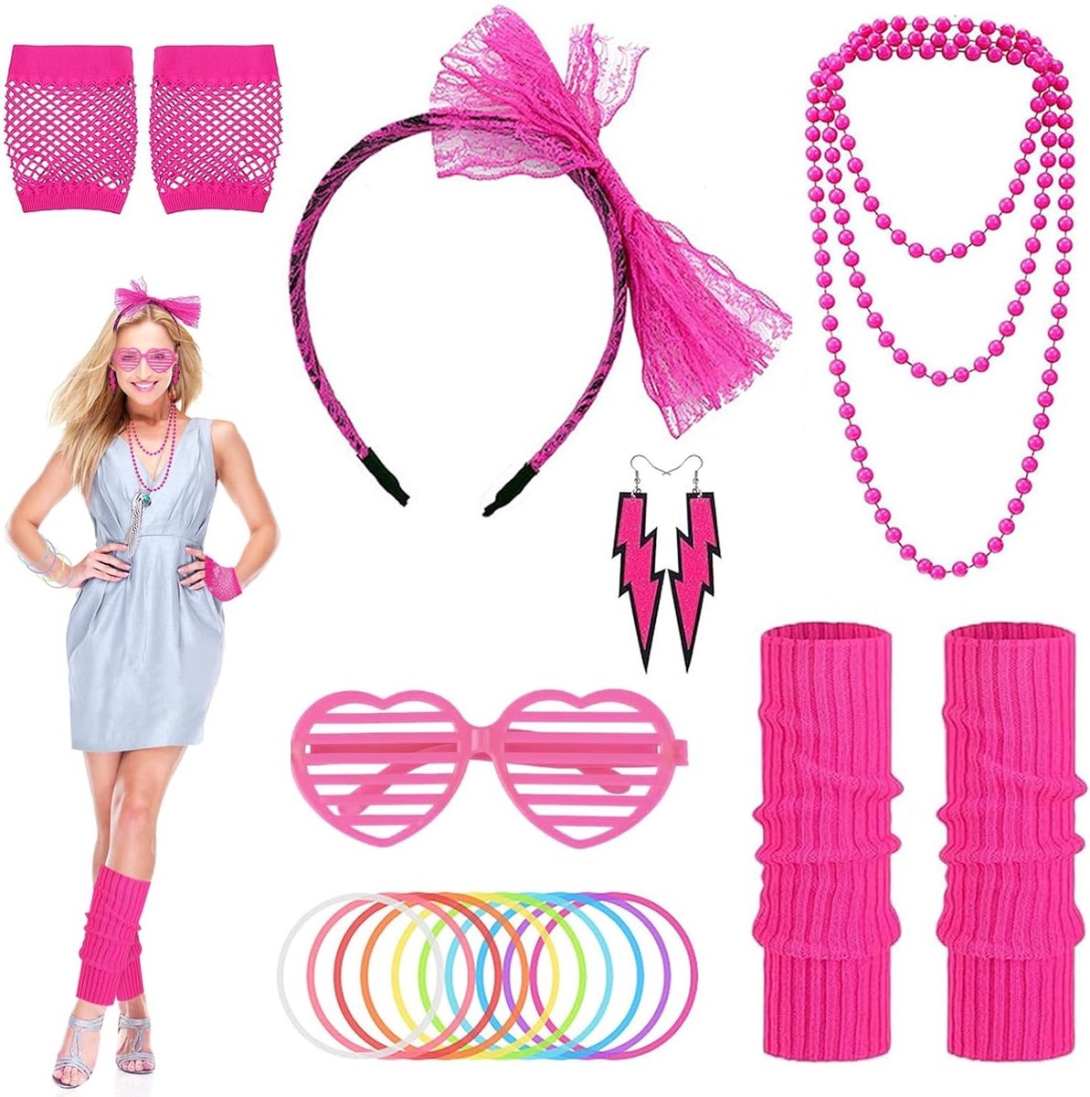 80s Thema Kostuum voor Feestjes met Neon Outfit, Accessoires, Net Handschoenen, Beenwarmers, Hoofdband, Zonnebril en Sieraden voor Foto Props en Feestdecoratie