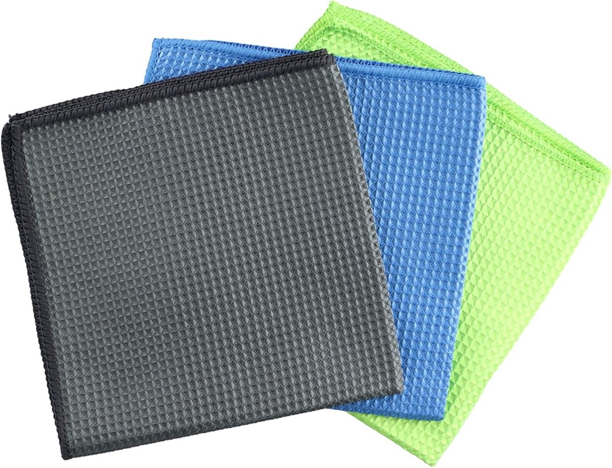 Set van 3 Microvezeldoeken 40 x 40 cm Wasbare Schoonmaakdoeken voor Keuken, Auto en Glas (Groen, Blauw, Grijs) - Duurzaam, Absorberend en Multifunctioneel