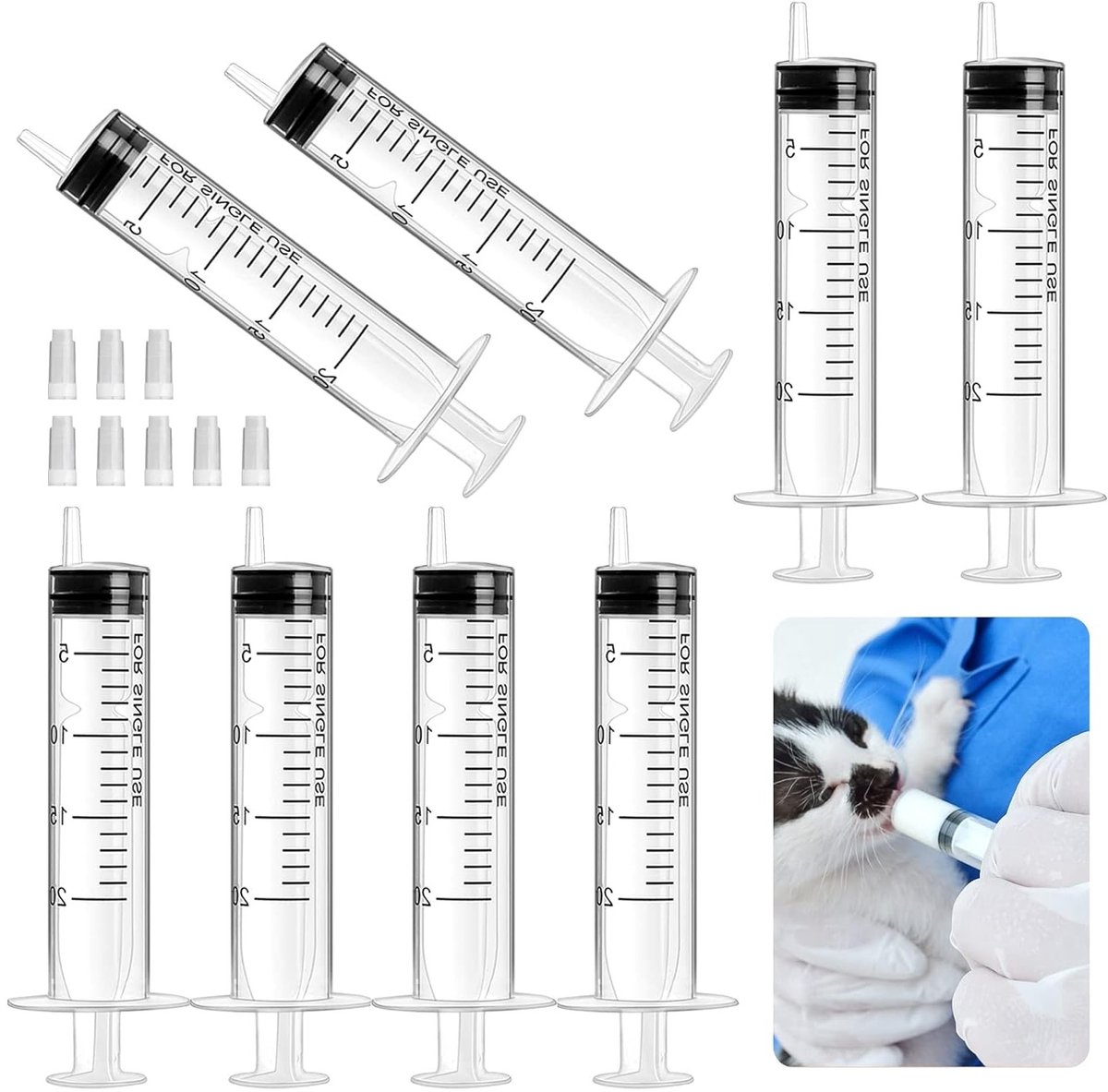 Set van 8 plastic spuiten van 20 ml met deksel, ideaal voor laboratoria, dierenvoeding en plantenirrigatie