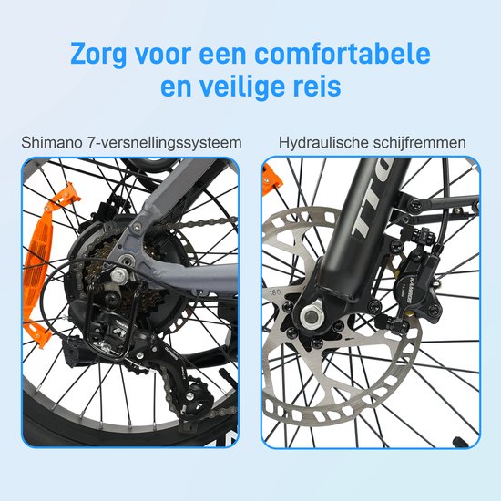 TTGO F6 Pro Elektrische Fiets – Opvouwbaar – 48V 18Ah Lithium Accu – Actieradius tot 140 km – Aluminium Frame met Achtervering – 20×4.0 inch Fatbike Banden – Hydraulische Schijfremmen – Shimano 7 Versnellingen – Elektrische Stadsfiets – Grijs — afbeelding 3