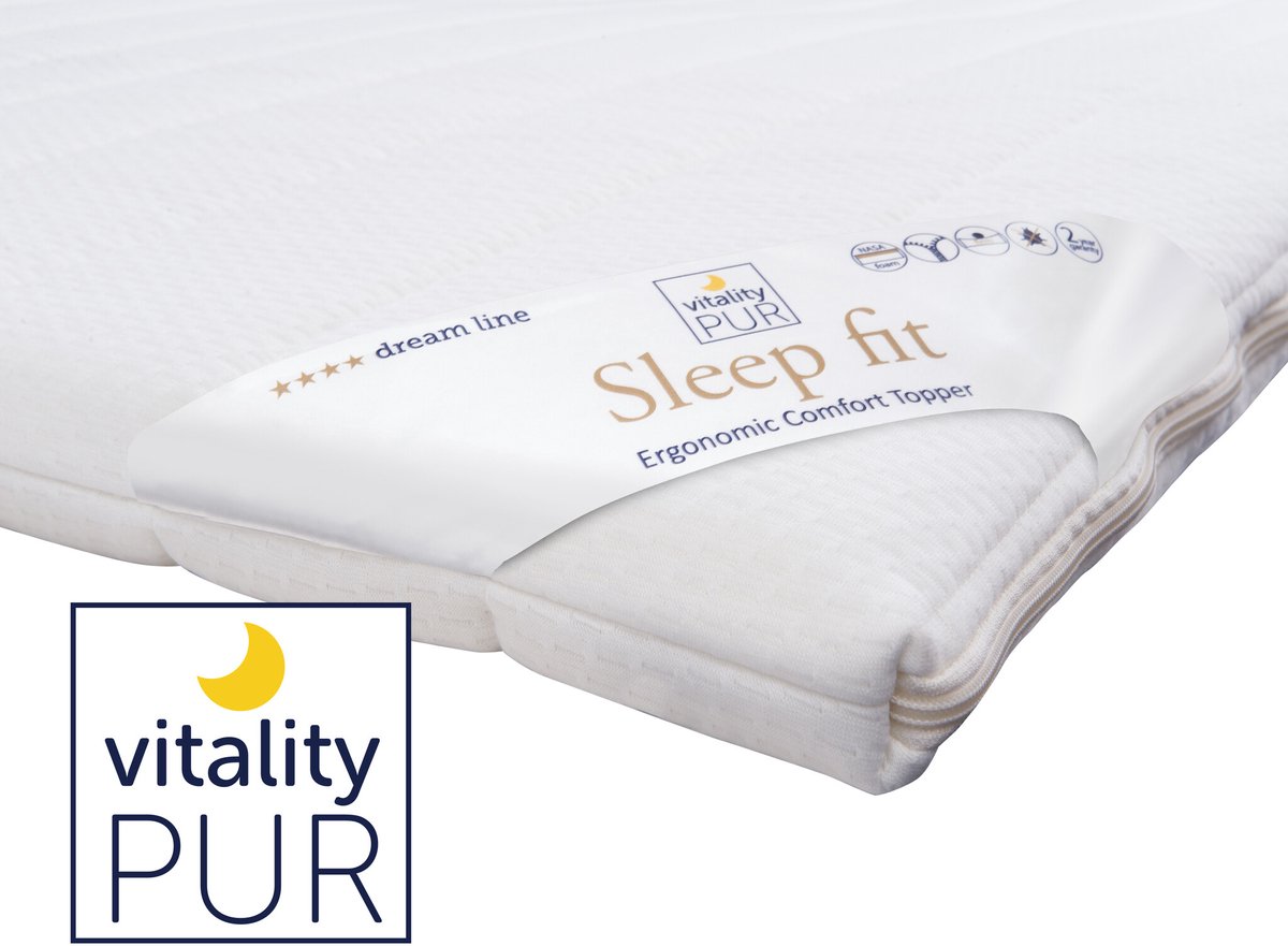 Vitality Pur Sleep Fit Topper – 160x200 cm - 5 cm Traagschuim SG50 – Inclusief Gratis Hoofdkussen(s) – Wasbare Tijk & Anti-Allergisch