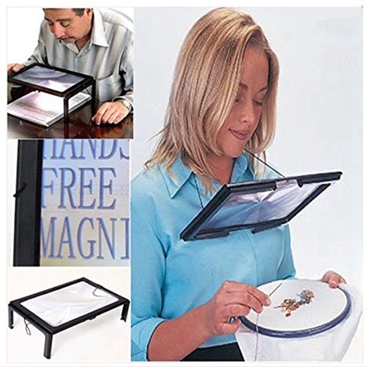 Allecto - LED A4 vergrootglas - handsfree - ideaal voor lezen en knutselen - zwart - 3x vergroting - perfect voor hobbyisten - 219 gram