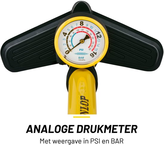 Gele Dunlop fietspomp met zwarte handgrepen en een analoge drukmeter die PSI en BAR aangeeft.