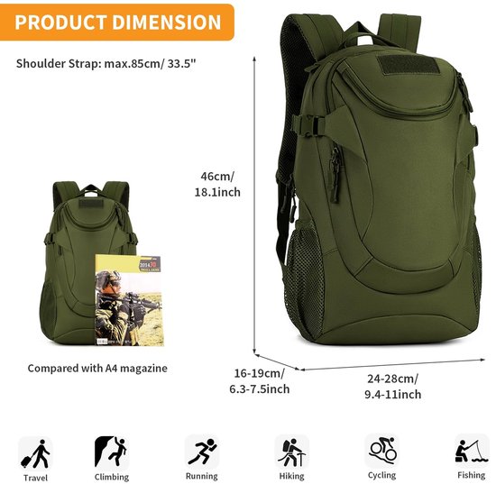 Groene tactische rugzak vergeleken met een A4-magazijn, met afmetingen en geschiktheid voor reizen, klimmen, hardlopen, wandelen, fietsen en vissen.