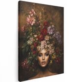Artaza Canvas Schilderij Vrouw Met Bloemenkrans - Portret In Warme Tinten - 90x120 cm - Groot - Wanddecoratie Woonkamer - Schilderijen - Muurdecoratie