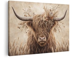Artaza Canvas Schilderij Highlander Met Bloemen - Landelijk Portret In Beige Bruin - 60x40 cm - Wanddecoratie Woonkamer - Schilderijen - Muurdecoratie