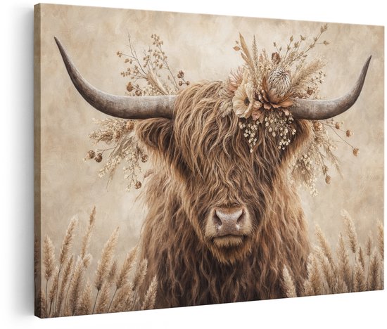Gros plan d'une peinture sur toile d'un highlander avec une couronne de fleurs détaillée et une épaisse fourrure, debout dans des herbes sèches.