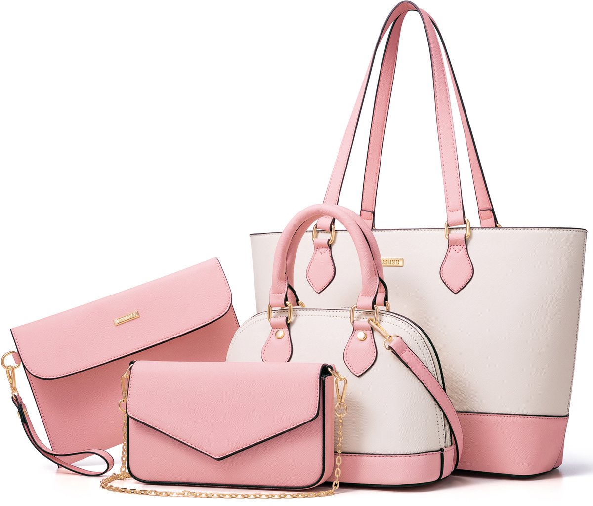 MODENUIT Handtassen - Handtas Set Voor Dames, Grote En Middelgrote Schoudertas Met Kleine En Grote Portemonnees, PU, Roze + Wit, 33 x 26,5 cm