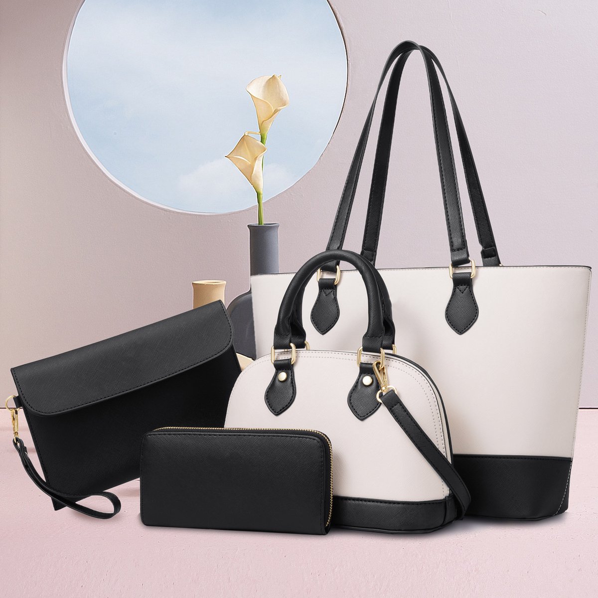 FloraGrace Handtassen - Zwarte Handtas Set, Praktische Dames Handtassen Met Reißverschlüsse En Accessoires, PU, Zwart + Wit, 33 x 26,5 cm