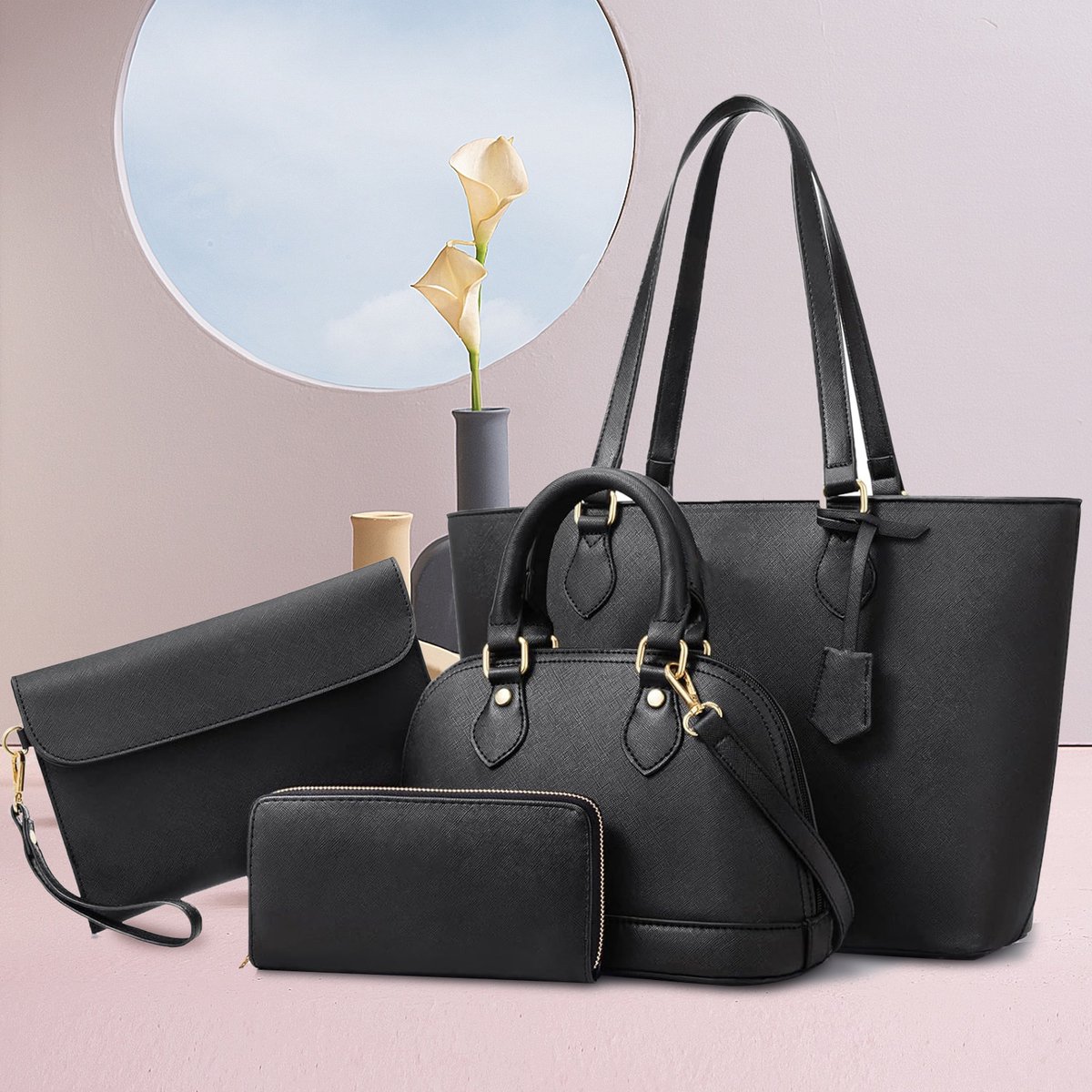 FloraGrace Handtassen - Zwarte Handtas Set, Praktische Dames Handtassen Met Reißverschlüsse En Accessoires, PU, Zwart, 33 x 26,5 cm