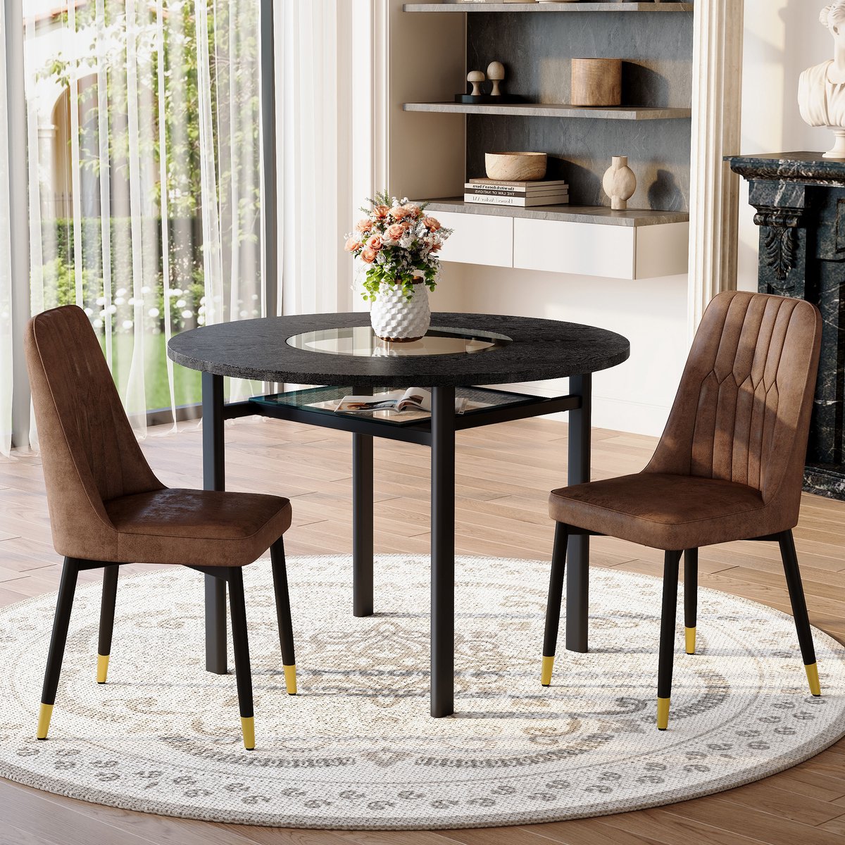 Moderne minimalistische ronde tafelset (met 2 bruine fauteuils van technisch textiel en zwarte metalen poten), ronde tafel met een diameter van 100 cm in zwart houtlook, geschikt voor de woonkamer.
