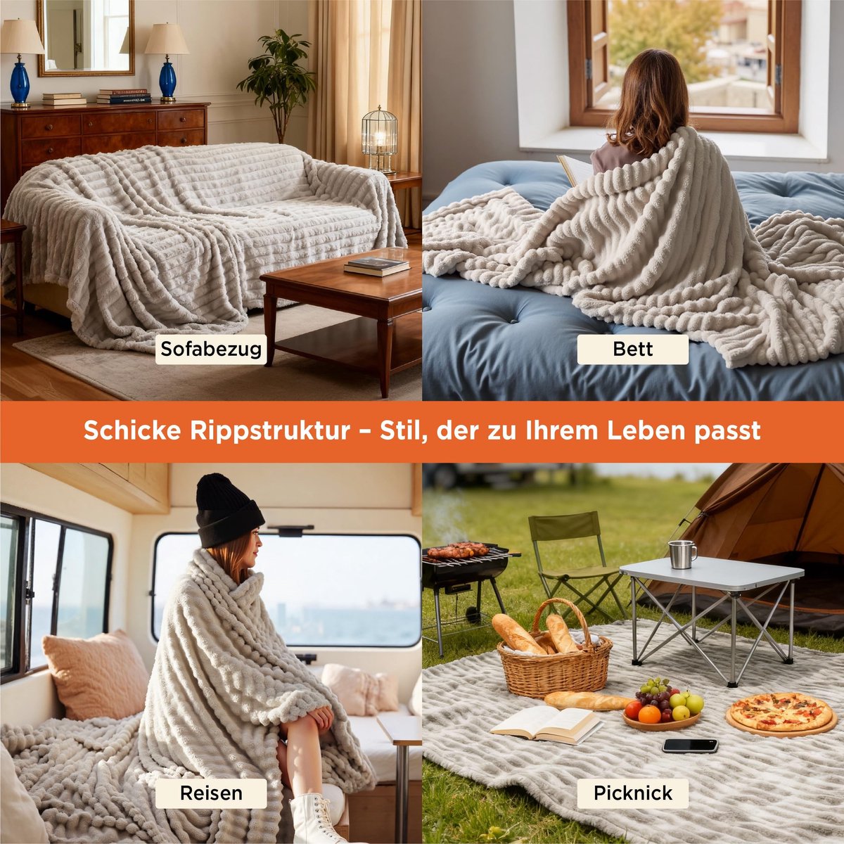 Allecto - Behaaglijke deken - Zacht en warm - XXL formaat - Beige - Grof ribdeken - Perfect voor knuffelen op de bank - 240 x 220 cm — cadeau in Wonen & Interieur - foto 3