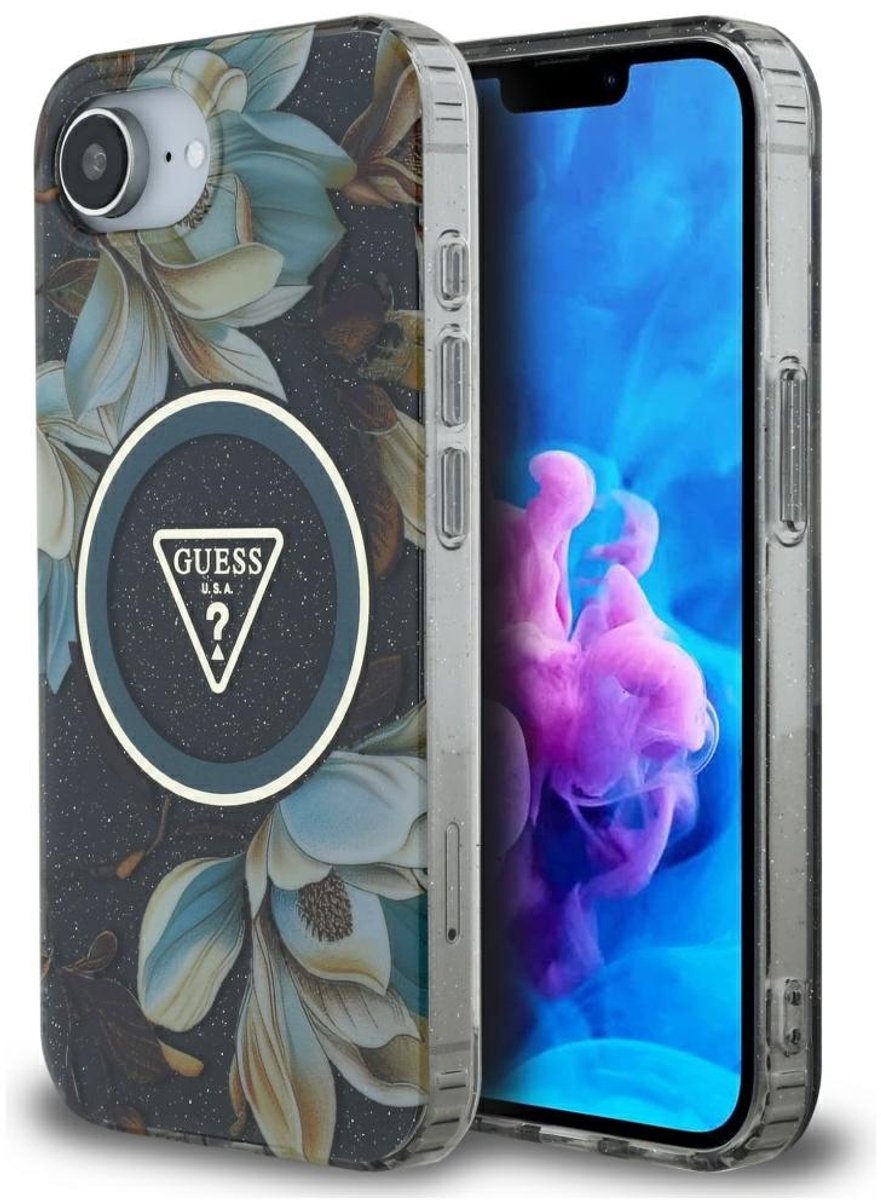 Guess Case Tpu Cover Voor Iphone 16E Voor Magsafe Iml Metal Glitter Bloemen