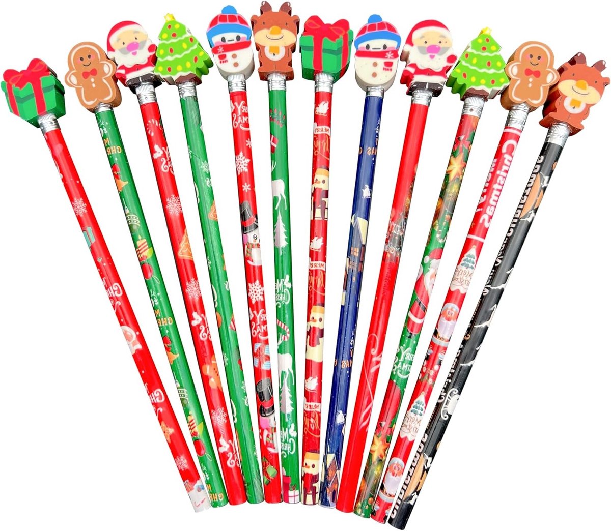 Kerstpotloden Set van 24 Stuks met Gum voor Basisschoolkinderen, Ideaal voor Kerstpapierprijzen en Creatieve Activiteiten