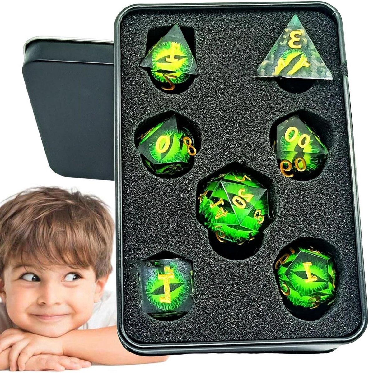 Hars Dobbelstenen Set - Draken Oog - Rollenspellen Spelen - Uniek Longan Design - 7 Delige Set - Meerkleurig